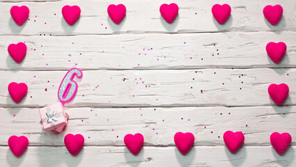 Happy birthday card for a girl in pink shades, top view, copy space. Beautiful congratulations with...