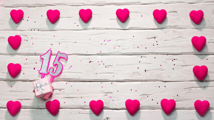 Happy birthday card for a girl in pink shades, top view, copy space. Beautiful congratulations with...