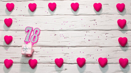 Happy birthday card for a girl in pink shades, top view, copy space. Beautiful congratulations with...