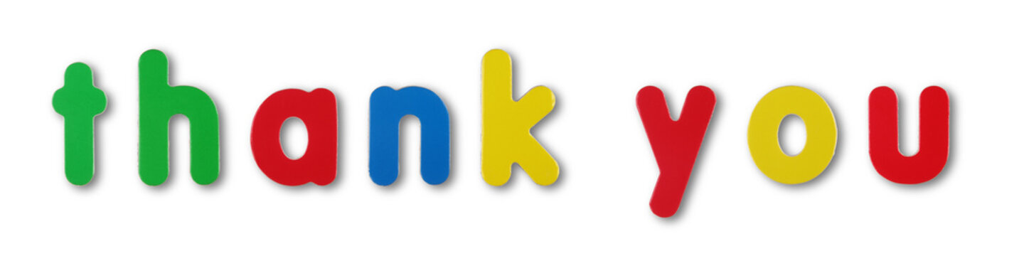 Thank you coloured magnetic letters on white with clipping path