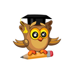 Cute owl in graduation hat and with pencil on white background