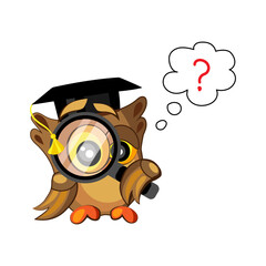 Cute owl in graduation hat and with magnifying glass on white background