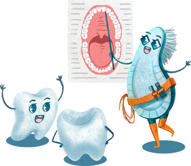 Illustration brand character for dental clinic toothbrush Asya pediatric dentistry mascot explains to kids teeth about hygiene