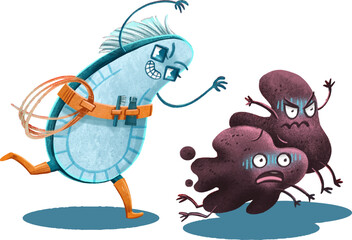 Illustration brand character for dental clinic toothbrush Asya pediatric dentistry mascot runs after caries