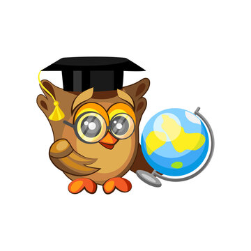 Cute owl in graduation hat and with globe on white background