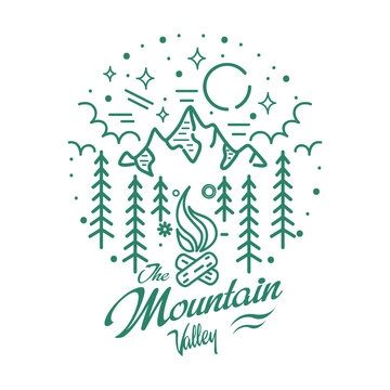 This is an image of a mountain scenery complete with pine trees cloud and sun in rustic handdrawn style for adventure or outdoor activities related purposes.