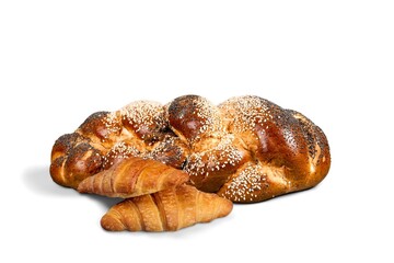 Fresh baked bagel, french butter croissants, flakes and crumbs. Pastry shop card