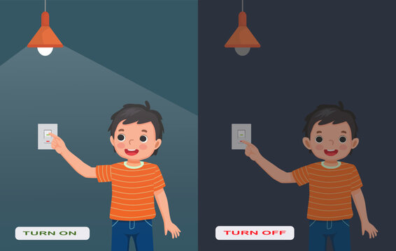Opposite adjective antonym words turn on and turn off illustration of little boy switch on and off the light explanation flashcard with text label