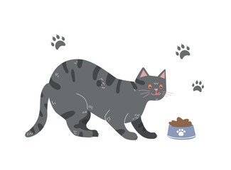 Cat with food. Gray kitten looks at bowl, sticker for social networks. Love for animals and pets, playful and charming character. Graphic element for website. Cartoon flat vector illustration