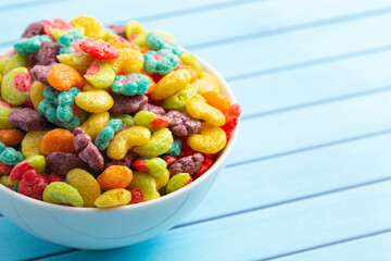 Fruit Shaped Breakfast Cereal on a Blue Table