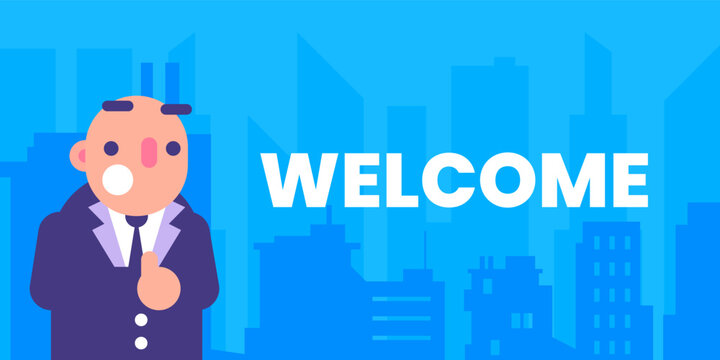 Businessman With Suit Gives Thumbs Up With Welcome Text and City Silhouette Background
