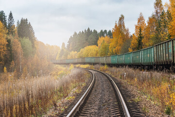 Freight train approaches to the station at autumn day.