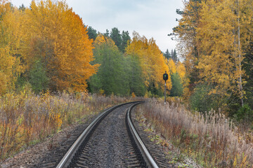 Fototapeta na wymiar Railway track by the station in the forest.