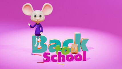 Back to school, cartoon character schoolboy and stationery such as pencils and school backpack. 3D Back to School title texts with a funny cartoon mouse sitting on the letters. 3d Render.