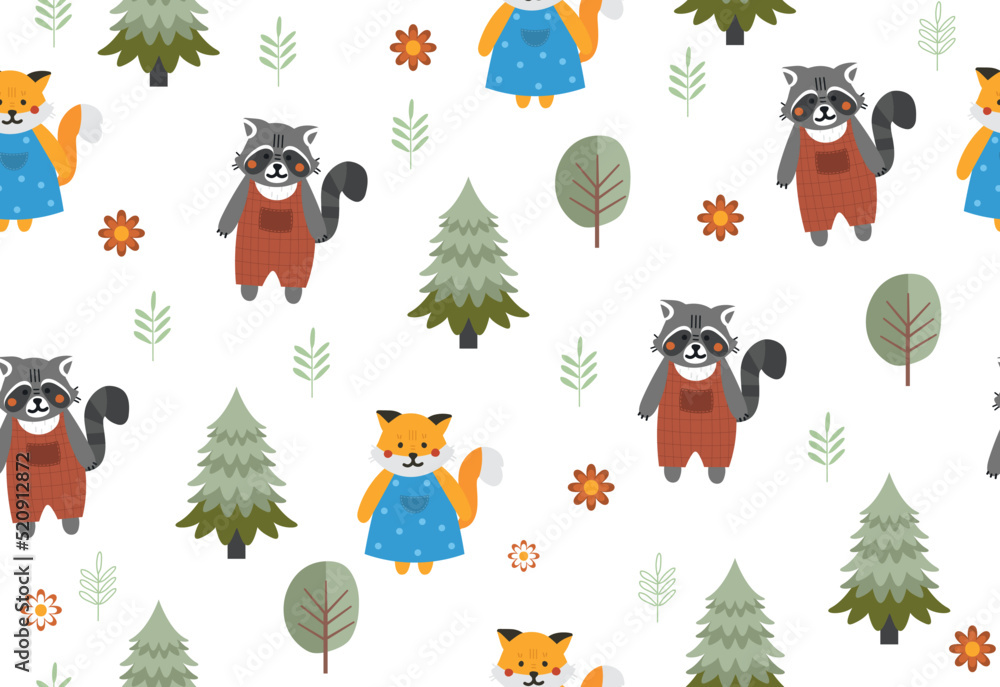 Poster forest seamless pattern. repeating design element for printing on wrapping paper. fox, raccoon and c