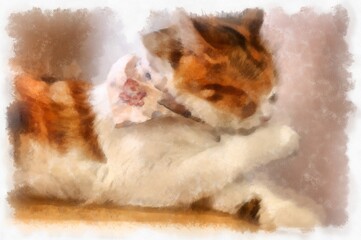 Cats in various cute poses watercolor style illustration impressionist painting.