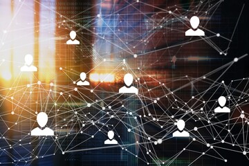 Icons with network of connections, office and data processing. global networks, digital interface and data processing concept digitally generated image.