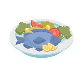 Healthy food. Plate with delicious meal from cafe or restaurant. Cooked fish with broccoli and lemon. Seafood with fresh vegetables. Cartoon flat vector illustration isolated on white background