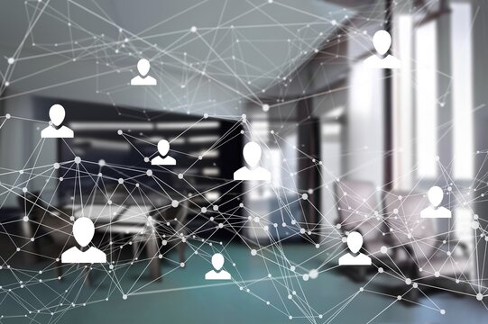 Icons with network of connections, office and data processing. global networks, digital interface and data processing concept digitally generated image.