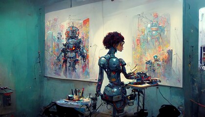 Humanoid AI robot working in an art studio painting a picture, Art making robot, AI artist that can create images and art from a description, ai text to image generator, conceptual illustration - obrazy, fototapety, plakaty