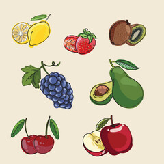Fruits Collection Cherry Avocado Apple Grape Kiwi Strawberry Lemon