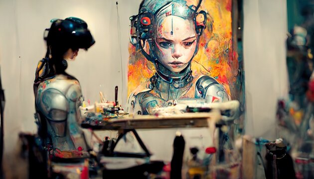 Humanoid AI robot working in an art studio painting a picture, Art making robot, AI artist that can create images and art from a description, ai text to image generator, conceptual illustration