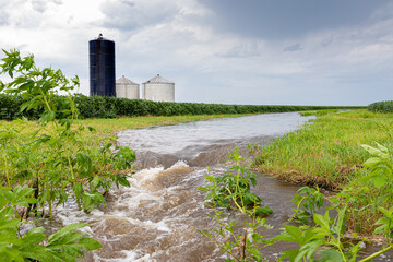 Flooding rain water flowing through farm field waterway. Farming, climate change, and erosion...