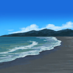 晴れた日の海と山々と砂浜