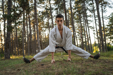 Naklejka na ściany i meble one caucasian man karateka training karate in forest in day in nature