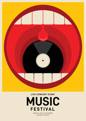 Music poster design template background with vinyl record vintage retro style