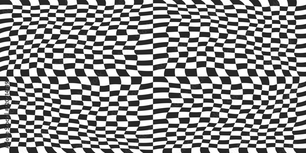 Poster Wavy chess pattern. Vector simple and convex 3d. Pattern of black and white checkered cells.