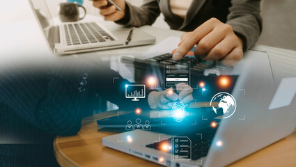 Online transactions, Businessman touching fingerprint scan provides security interface payment...