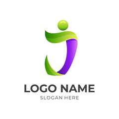 letter J people logo design, people and letter J combination logo with 3d green and purple color style
