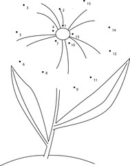 Connect the dots game. Flower printable worksheet for kids. Can be used as children coloring book.