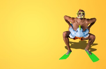 Tourist man ready to travel on weekends. Summer vacation sea rest sun tan concept