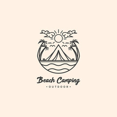 Summer beach camping recreation logo design with line art monoline style