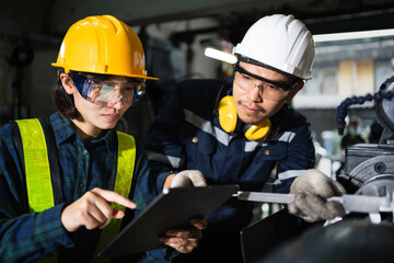 Two factory mechanics in the safety suite using a digital tablet work together with grinding machine metal in the factory, maintaining and checking machinery, and manufacturing steel industry.