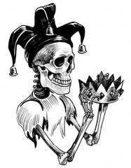 Dead jester with a crown. Ink black and white drawing