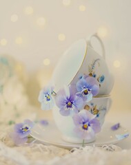 ビオラの花とコーヒーカップのデコレーション