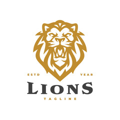 Vintage angry lion head emblem logo design. Lion head line art vector icon