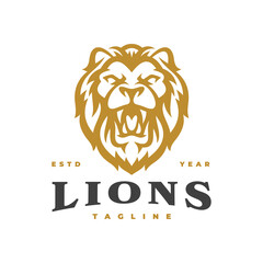 Vintage angry lion head emblem logo design. Lion head line art vector icon