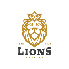 Vintage hipster lion king emblem logo design. Lion head with crown silhouette vector icon	
