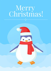 Funny christmas greeting card with Penguin in cartoon style.