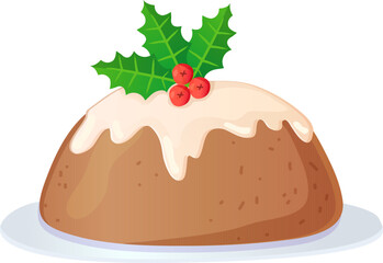 Traditional english christmas pudding with icing and holly