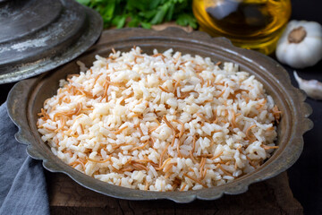 Traditional delicious Turkish food; Turkish style rice pilaf (Turkish name; Tel sehriyeli pirinc pilavi)
