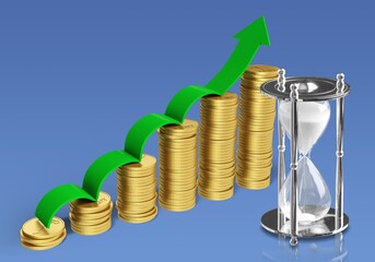 Money, clock and up arrow. Placement of savings on bank deposit. Income growth. Rising mortgage...