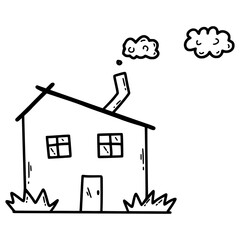Cute doodle house. Sketch illustration by hand. Drawing with contour line.