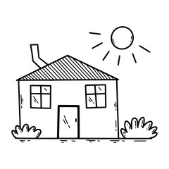 Cute doodle house. Sketch illustration by hand. Drawing with contour line.