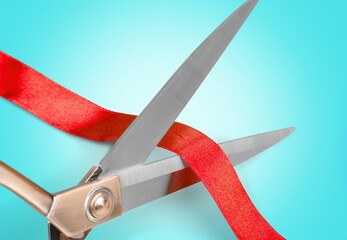 Inaugural invitation, ribbon cut, Grand opening, New business launch concept. Scissors