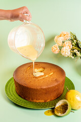 Fluffy tropical fruit cake. Angel cake Dessert with passion fruit.